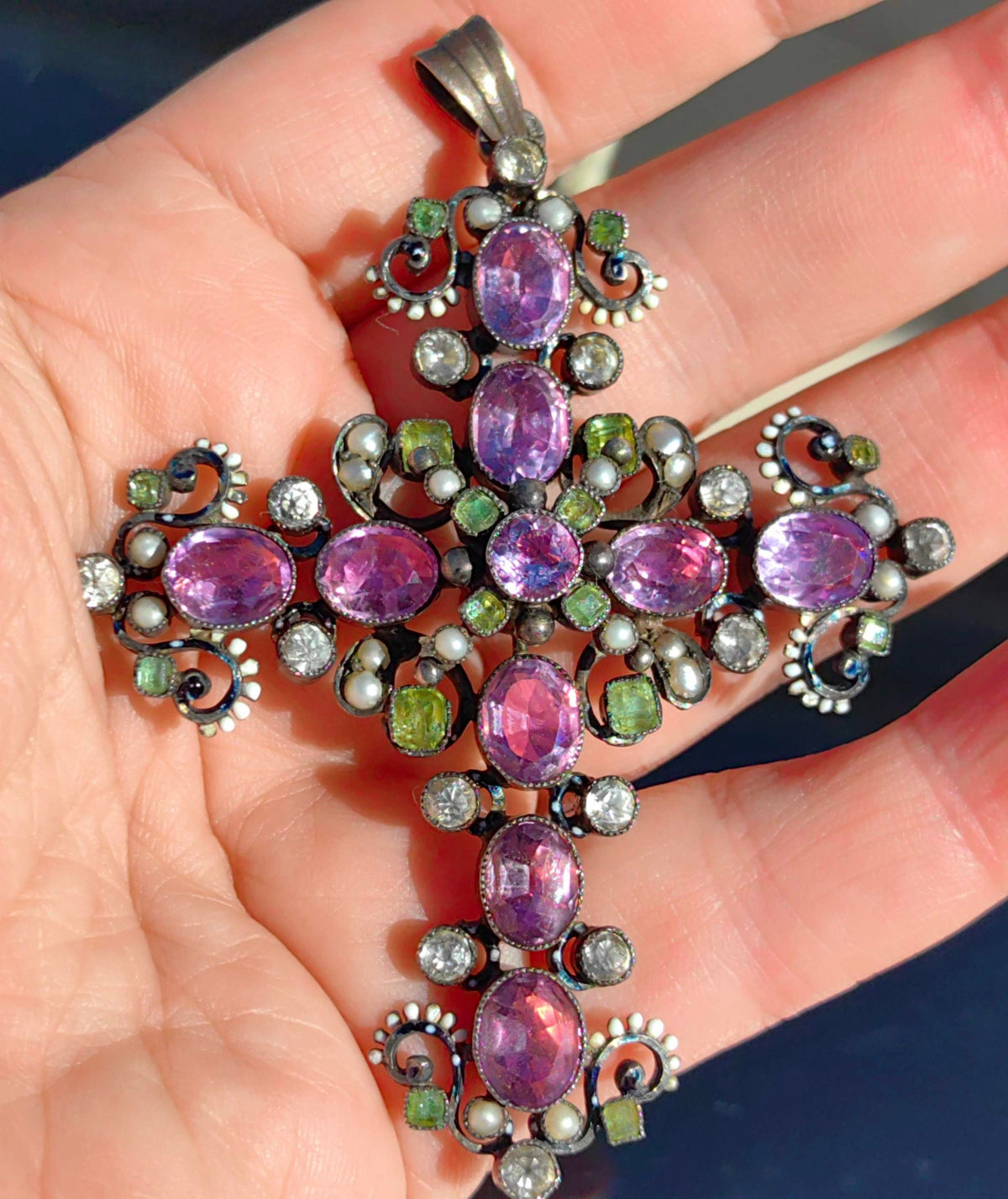 Baroque Antique natural Purple Amethyst Green Demantoid white Sapphire Silver Christian Latin Cross Large Statement Pendant