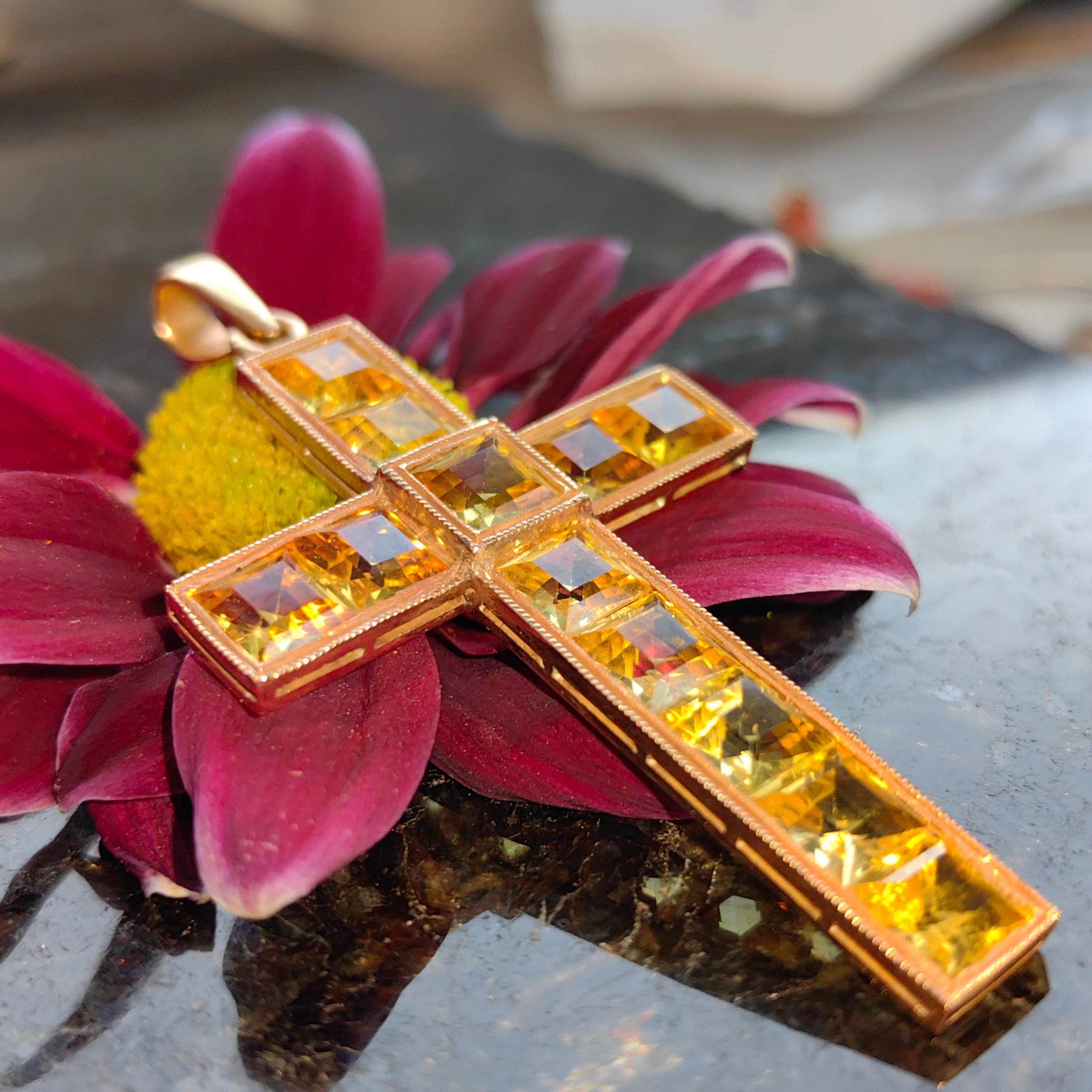 Art Deco Vintage Citrine Solid Yellow Gold Christian Catholic Cross Statement Pendant