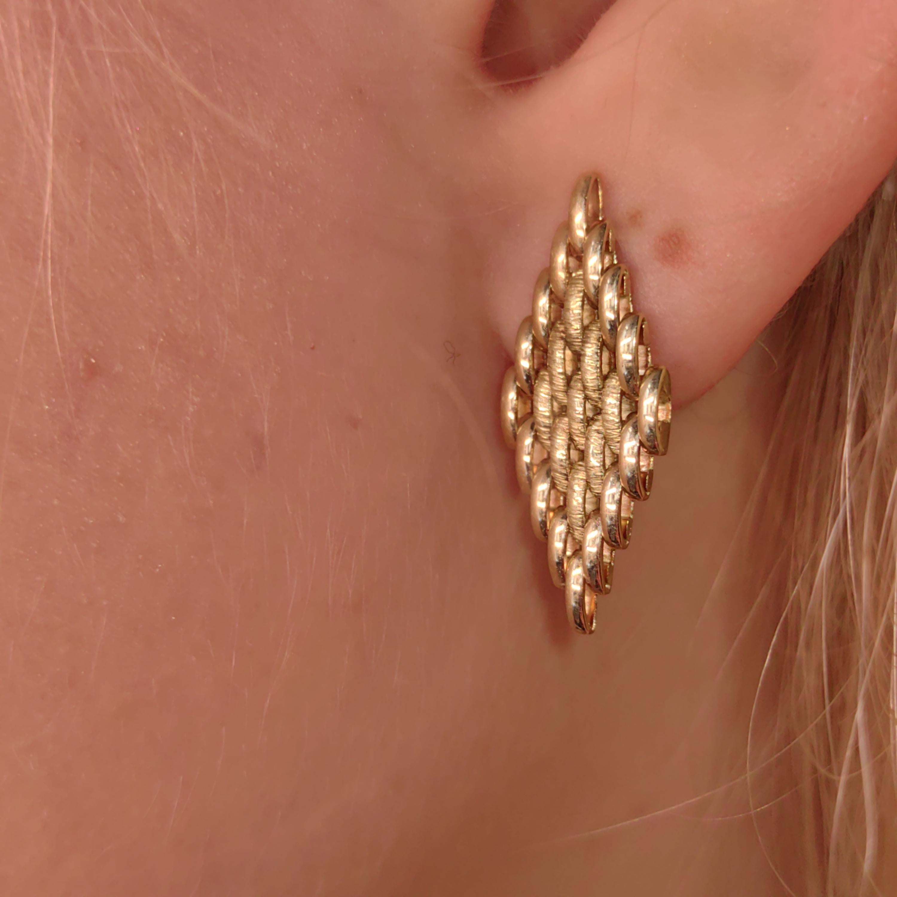 Vintage Solid 14K Yellow Gold Push Back Closure Woven Basket Weave Textured Statement Earrings Retro Elegant Gift for Her