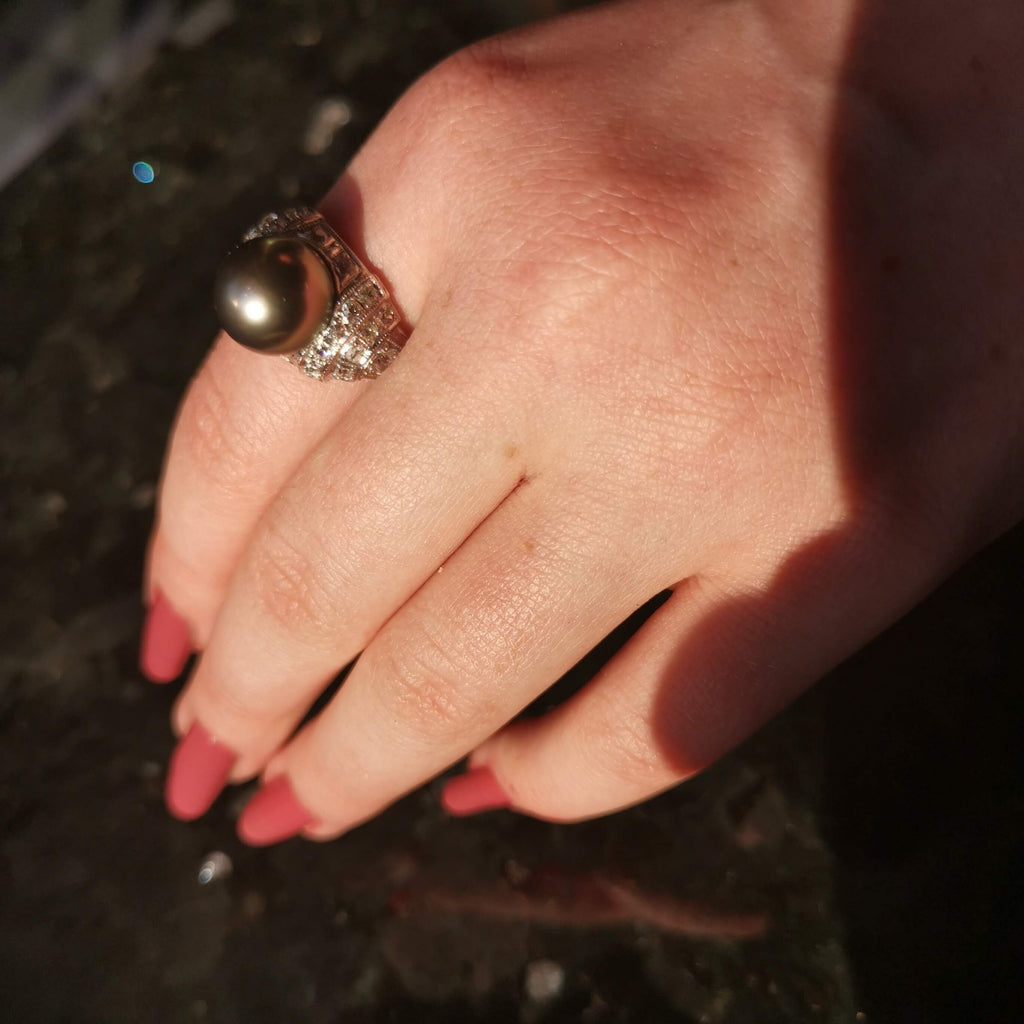Art Deco Tahitian Pearl Diamond Ring - 1920s White Gold
