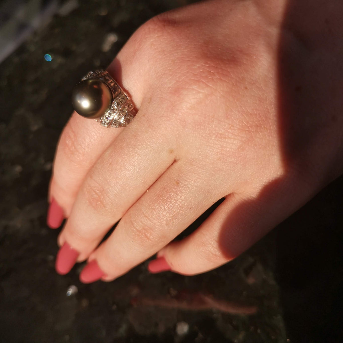 Art Deco Tahitian Pearl Diamond Ring - 1920s White Gold