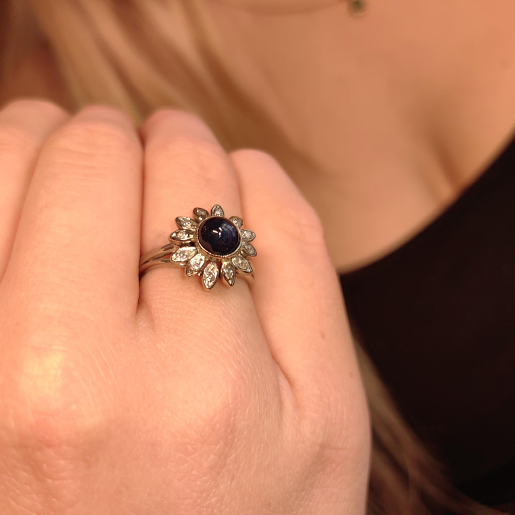 1940s Natural Blue Sapphire Diamond 18k Hallmarked White Gold Mid Century Flower Floral Engagement Antique Elegant Ring Gift for Her