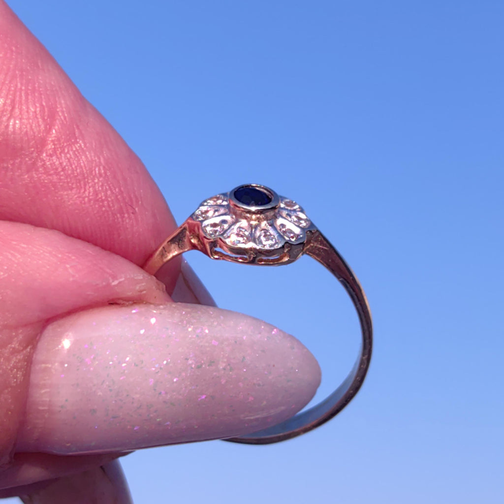 Mid-Century Sapphire Diamond Ring: 14k Gold Floral Engagement Ring, Size 8
