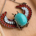 Art Deco Antique Vintage Scarab Ancient Egypt Revival Style Turquoise and Enamel Silver Necklace