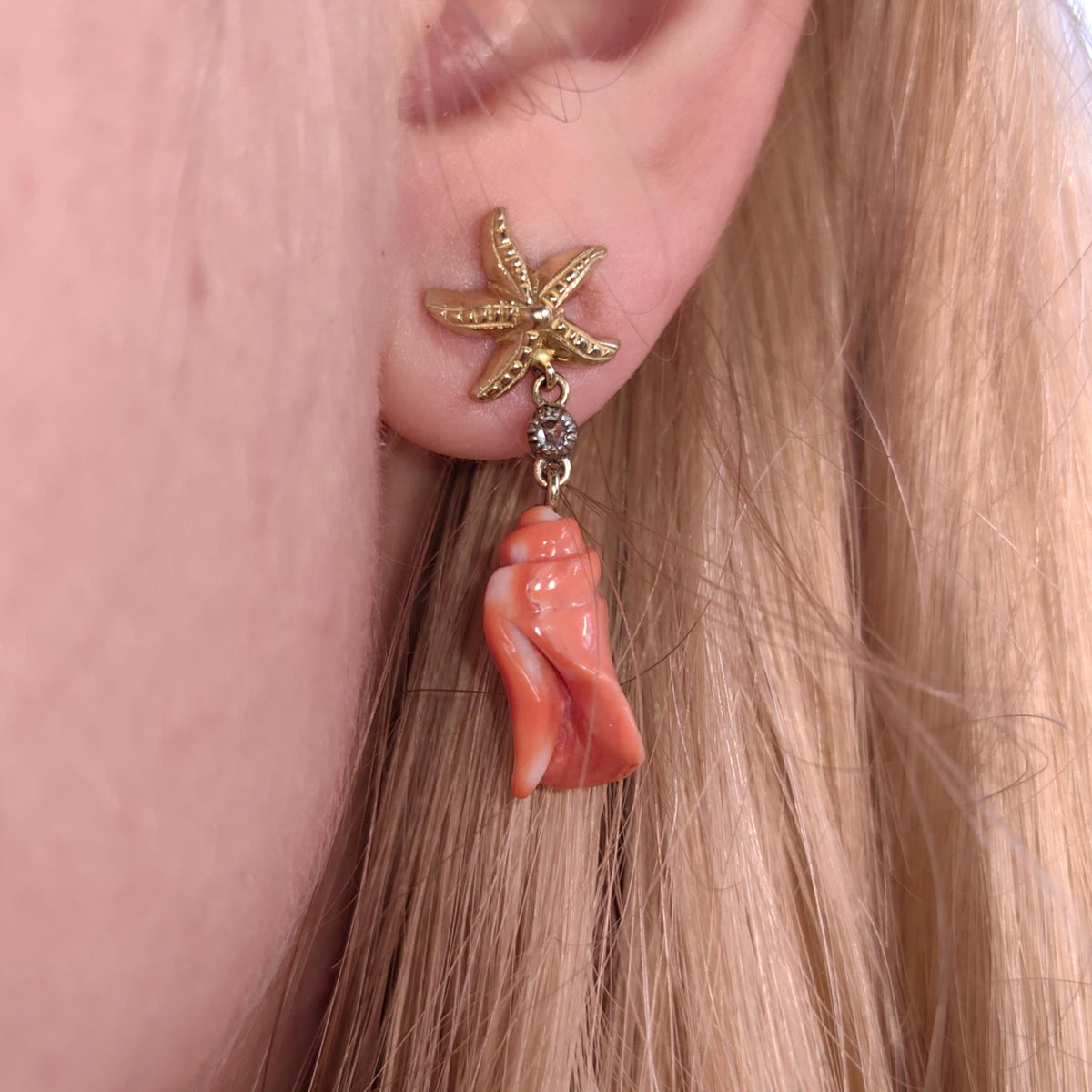 Gold and Mediterranean Red Coral Diamond Starfish Shell Shaped Ocean Sea Nautical Elegant Vintage Antique Earrings Gift for Her Mum Present