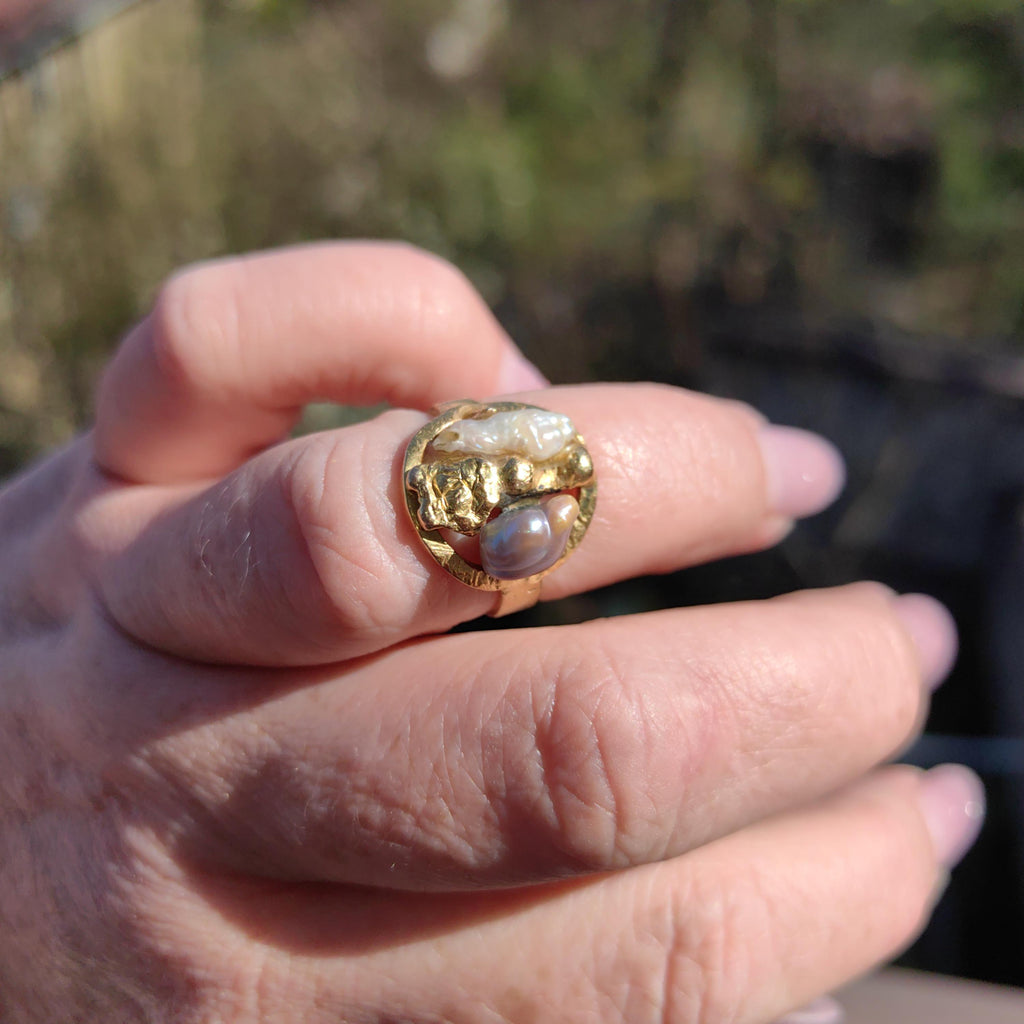 18k Gold Nugget Ring: Two-Tone Pearl Boho Ring