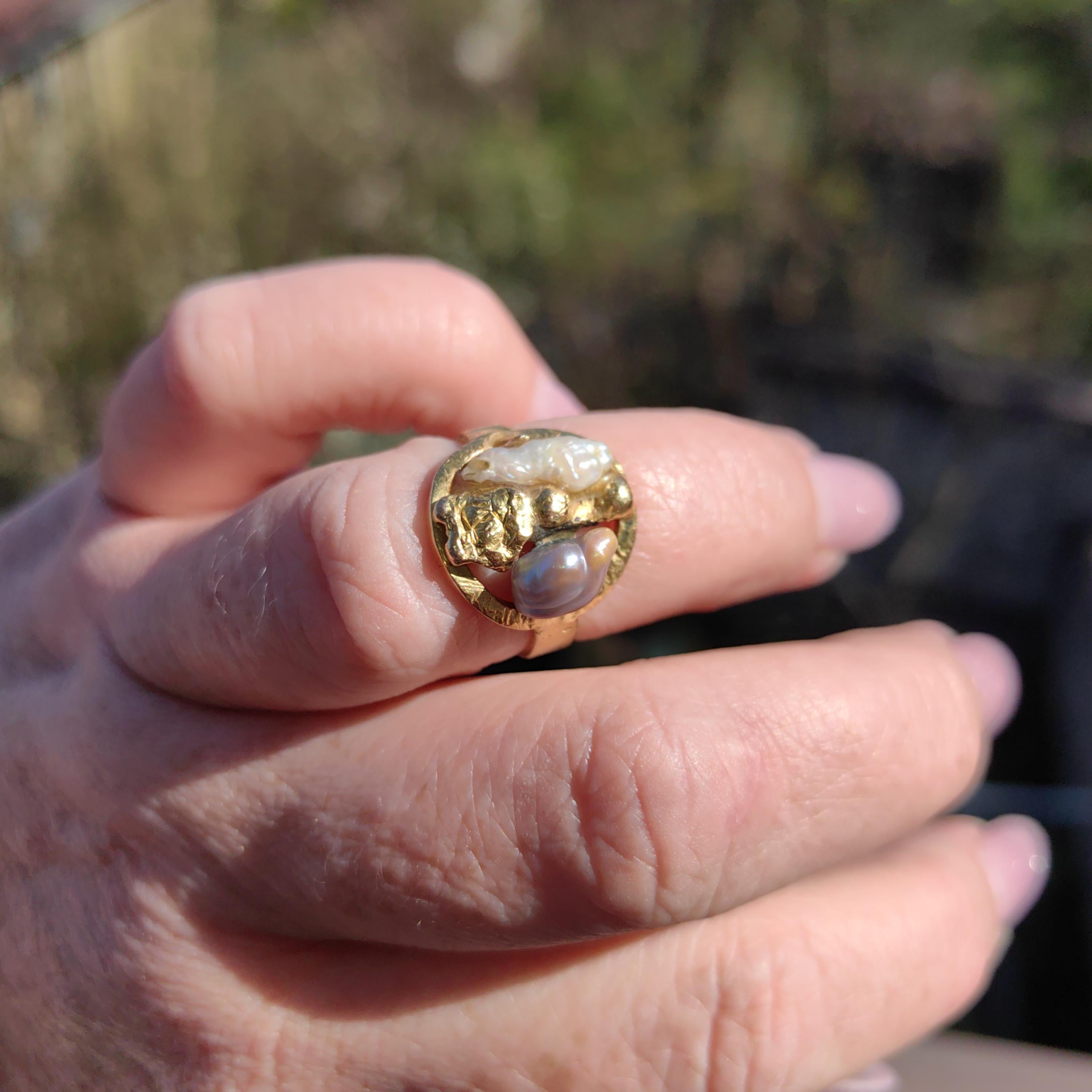 18k Gold Nugget Ring: Two-Tone Pearl Boho Ring