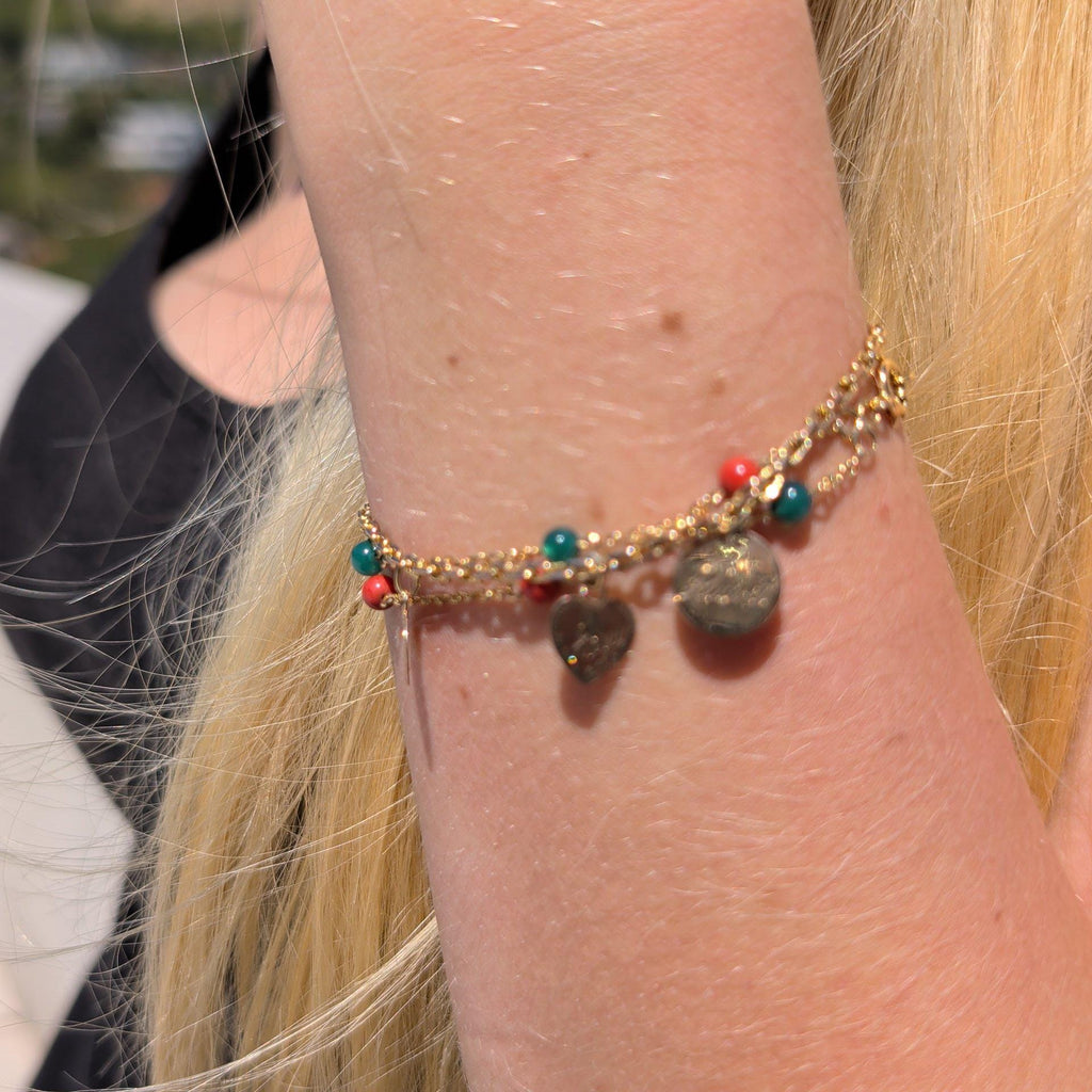 1900s Antique 18k Gold Coral Chrysoprase Beaded Chain Bracelet, 19 cm, 4mm Gemstone Beads, 3.90g Estate Jewelry Gift for Her