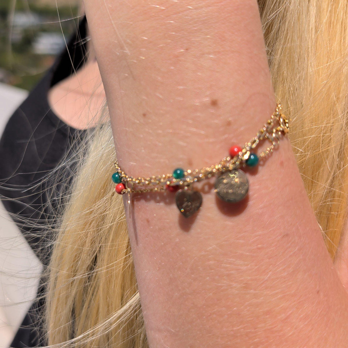 1900s Antique 18k Gold Coral Chrysoprase Beaded Chain Bracelet, 19 cm, 4mm Gemstone Beads, 3.90g Estate Jewelry Gift for Her