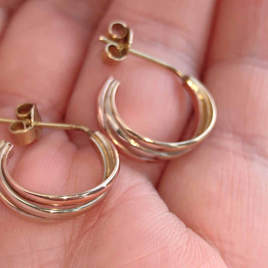 14k Hallmarked Solid Rose Yellow and White Gold Trinity model Elegant Three tone Gold Minimalist Design Push back Earrings gift for her