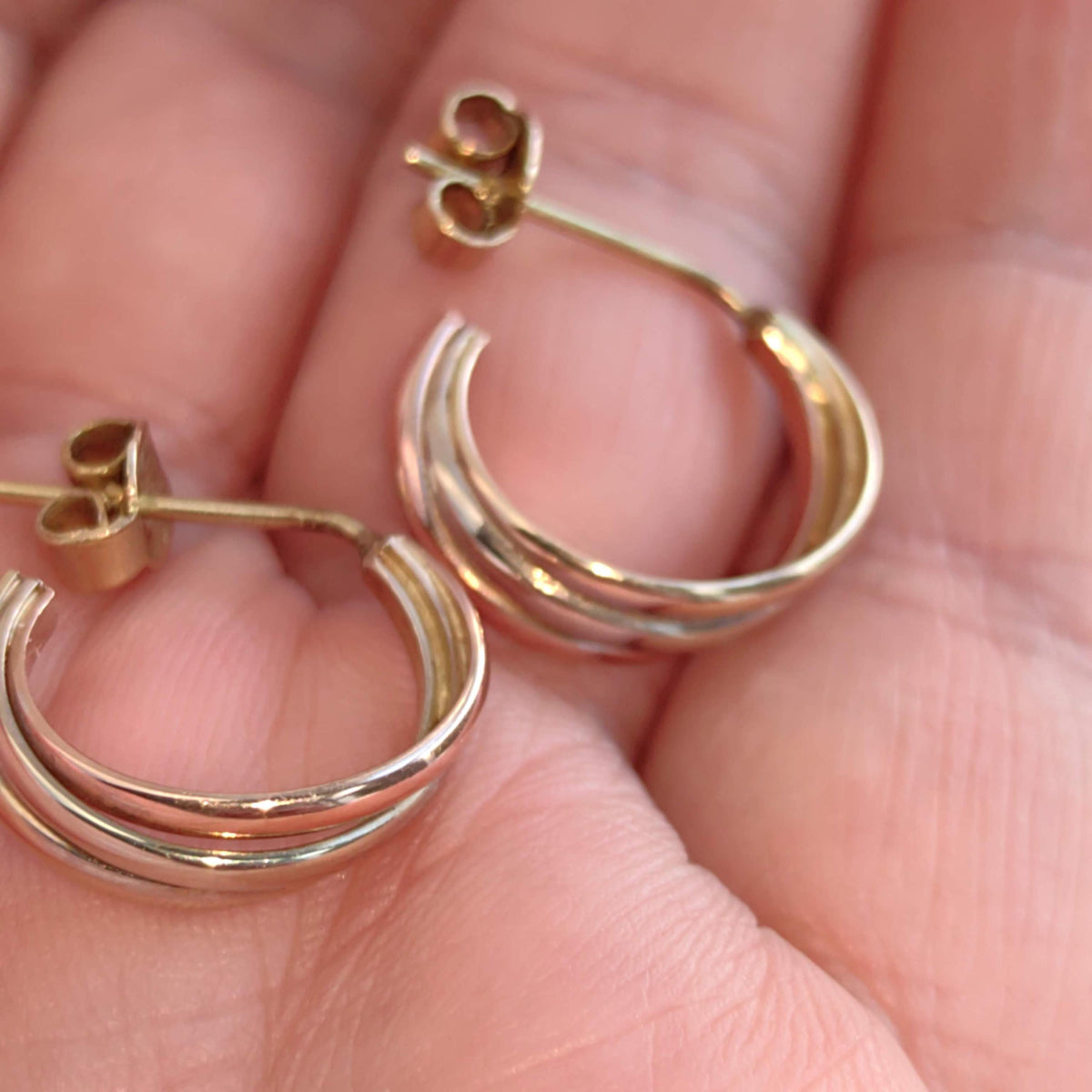 14k Hallmarked Solid Rose Yellow and White Gold Trinity model Elegant Three tone Gold Minimalist Design Push back Earrings gift for her