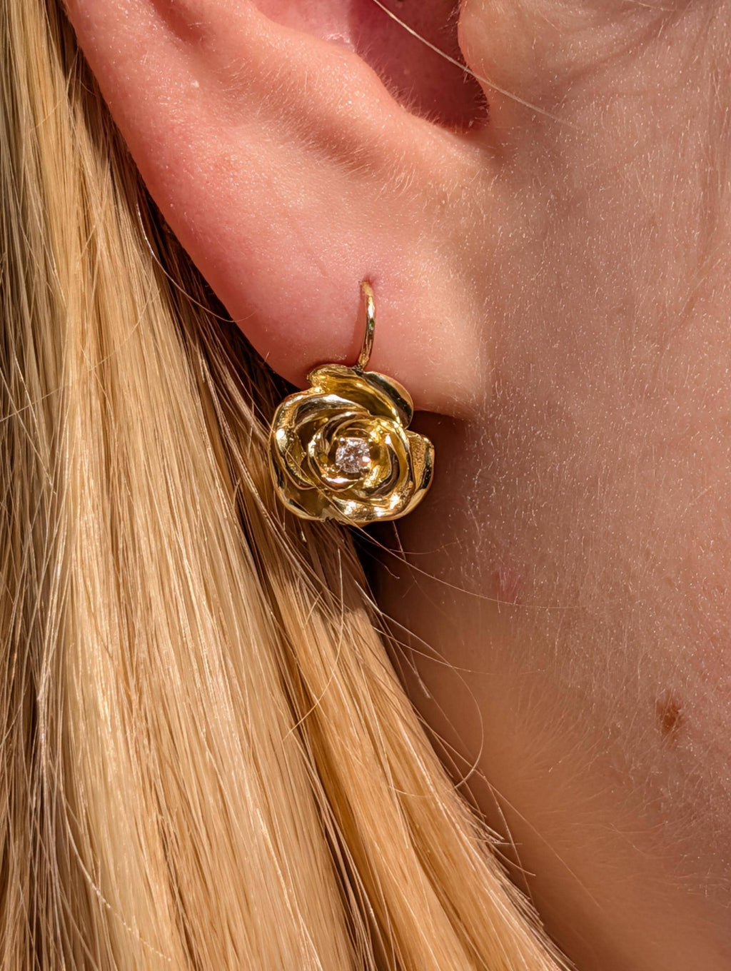 Vintage 18k Yellow Gold Rose Flower Diamond Sleeper Earrings, Handmade Petal by Petal Romantic Feminine Floral Earrings Gift for Her