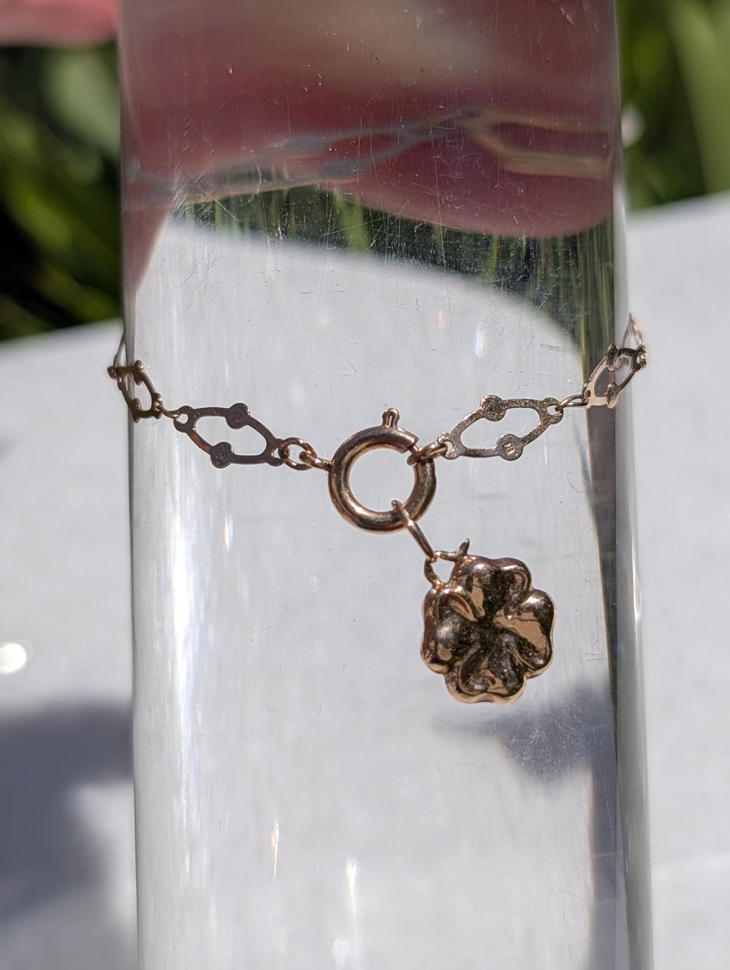 Art Nouveau Link Bracelet 14k Yellow Rose Gold Antique 1900s Four Leaf Clover Charm Bracelet Dainty Lucky Jewelry Gift HTS 9706 US duty free