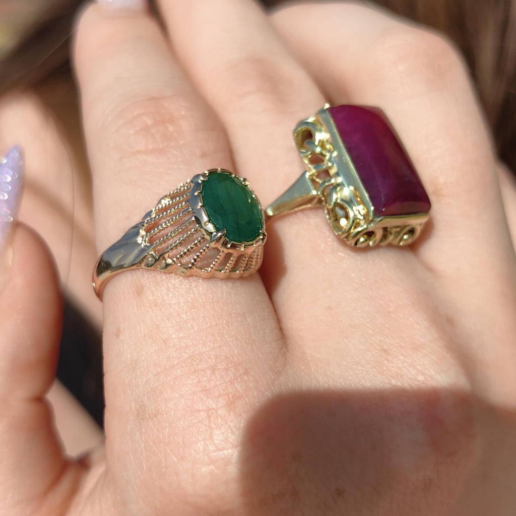 Vintage Art Deco Natural Opaque Red Ruby Elegant Rectangle Emerald Cut Ring 14k Solid Yellow Gold Geometric Statement Ring Gift Present