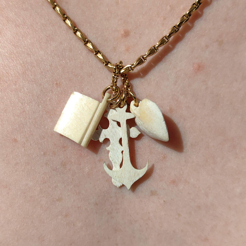 Victorian Bone Charm Pendant: 14k Gold Heart, Cross, Anchor, Book