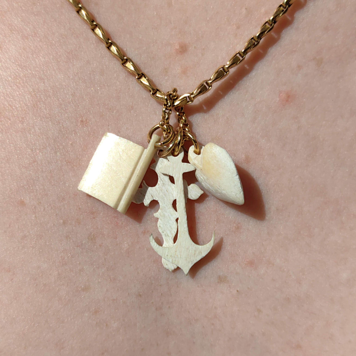 Victorian Bone Charm Pendant: 14k Gold Heart, Cross, Anchor, Book