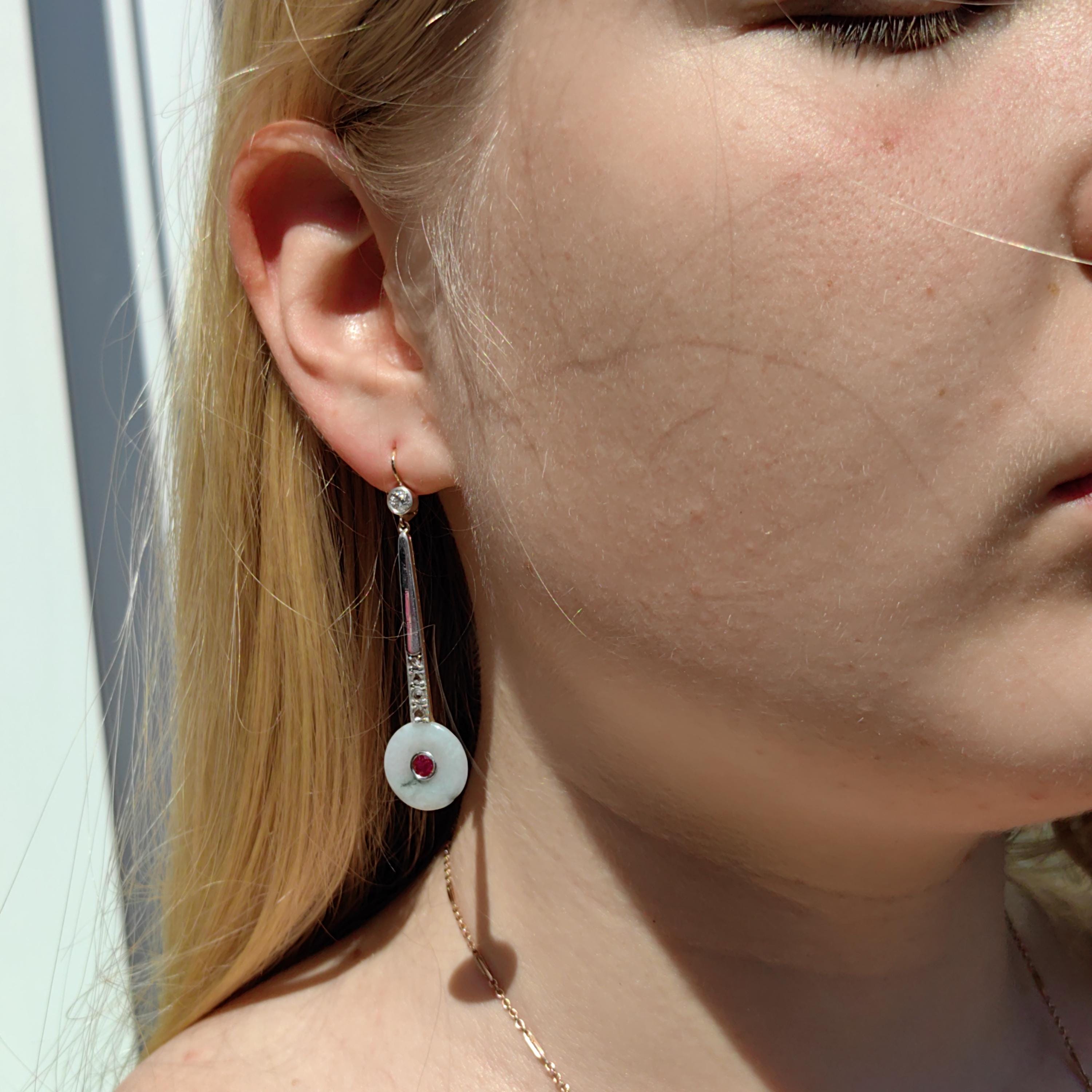 Unic Art Deco white/green Jade Drop Dangle Earrings old cut Diamond Natural Ruby 14k Solid white/yellow Gold ancient Jade discs stunning