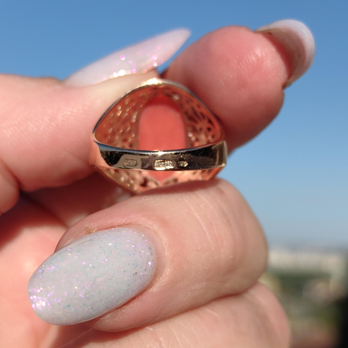 Mediterranean Red Coral Ring: 14k Champagne Gold, Mid-Century Cabochon