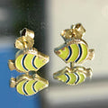 14k Yellow Gold Enamel Fish Stud Earrings: Vintage Ocean Jewelry