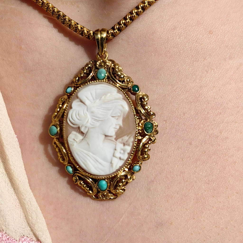 Victorian Antique Vintage Cameo Turquoise Gold plated Silver Frame Pendant