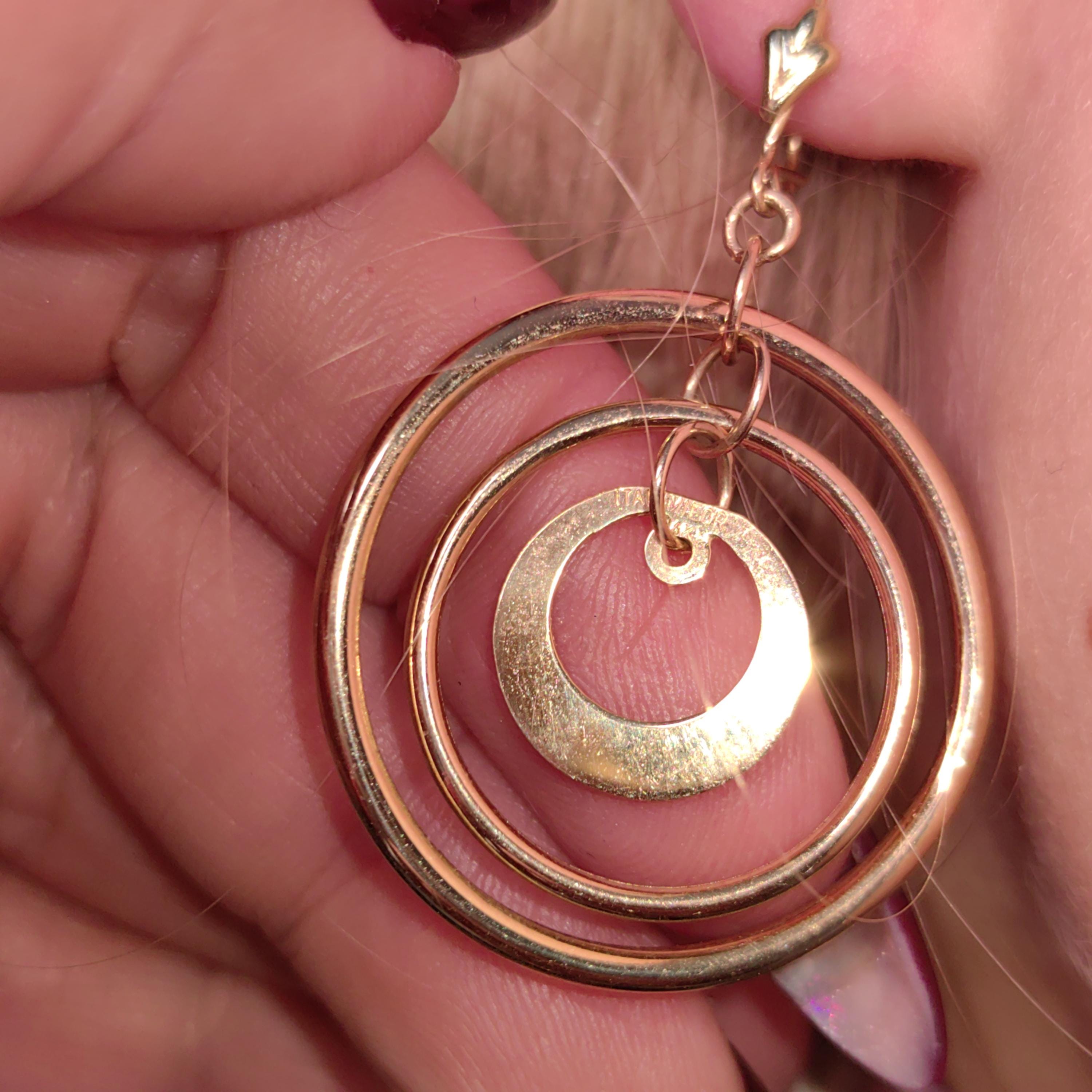 14k Yellow Gold Italy Round Dangle Drop Large Circle Hoop Gipsy Earrings Handmade Gift for Her Present
