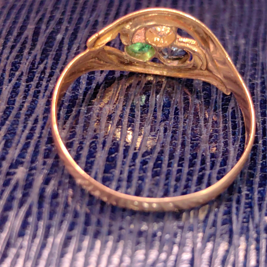 1900s Art Nouveau Natural Emerald Sapphire Diamond 14k Solid Yellow Rose Champagne Gold Vintage Antique Three Stone Elegant Engagement Ring