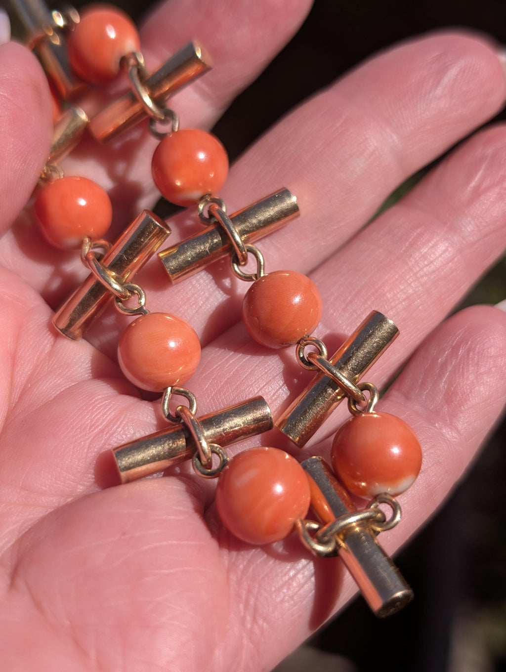 Antique 18kt Champagne Gold Natural Coral Bracelet, Hungarian Import Hallmarked Chain, Red Orange Mediterranean Coral Chic Boho Gift Her Him