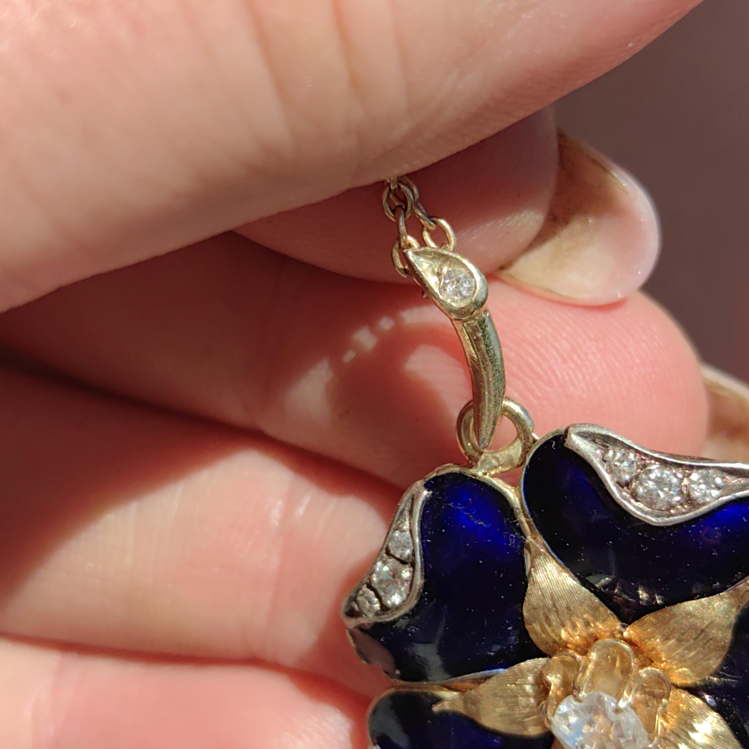 Victorian 1880s Natural Diamond & Blue Hand Painted Enamel Floral Flower Pendant 14k Solid Yellow Gold, Antique Vintage Charm
