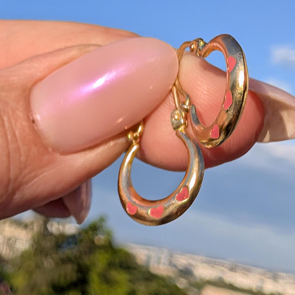 Vintage 1980s 14k Yellow Gold Puffed Hoop Earrings, Pink Enamel Heart Creole Gypsy Dangles, Gift for Her