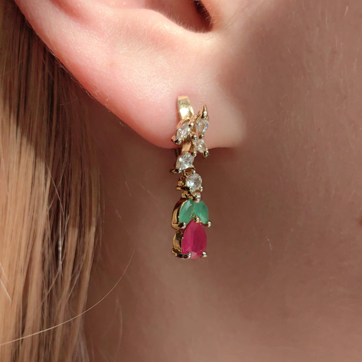9k Gold Floral Dangle Earrings: Ruby, Emerald & Cubic Zirconia