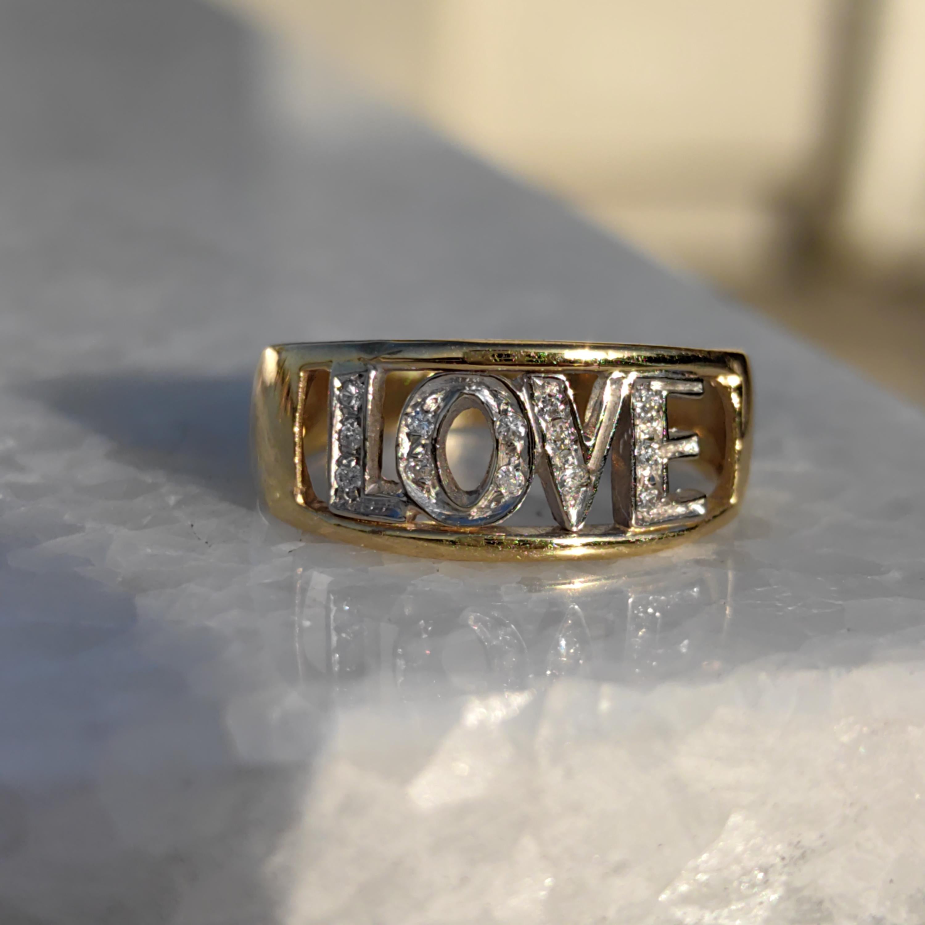 Diamond LOVE Ring: 18K Yellow Gold Y2K Statement Band