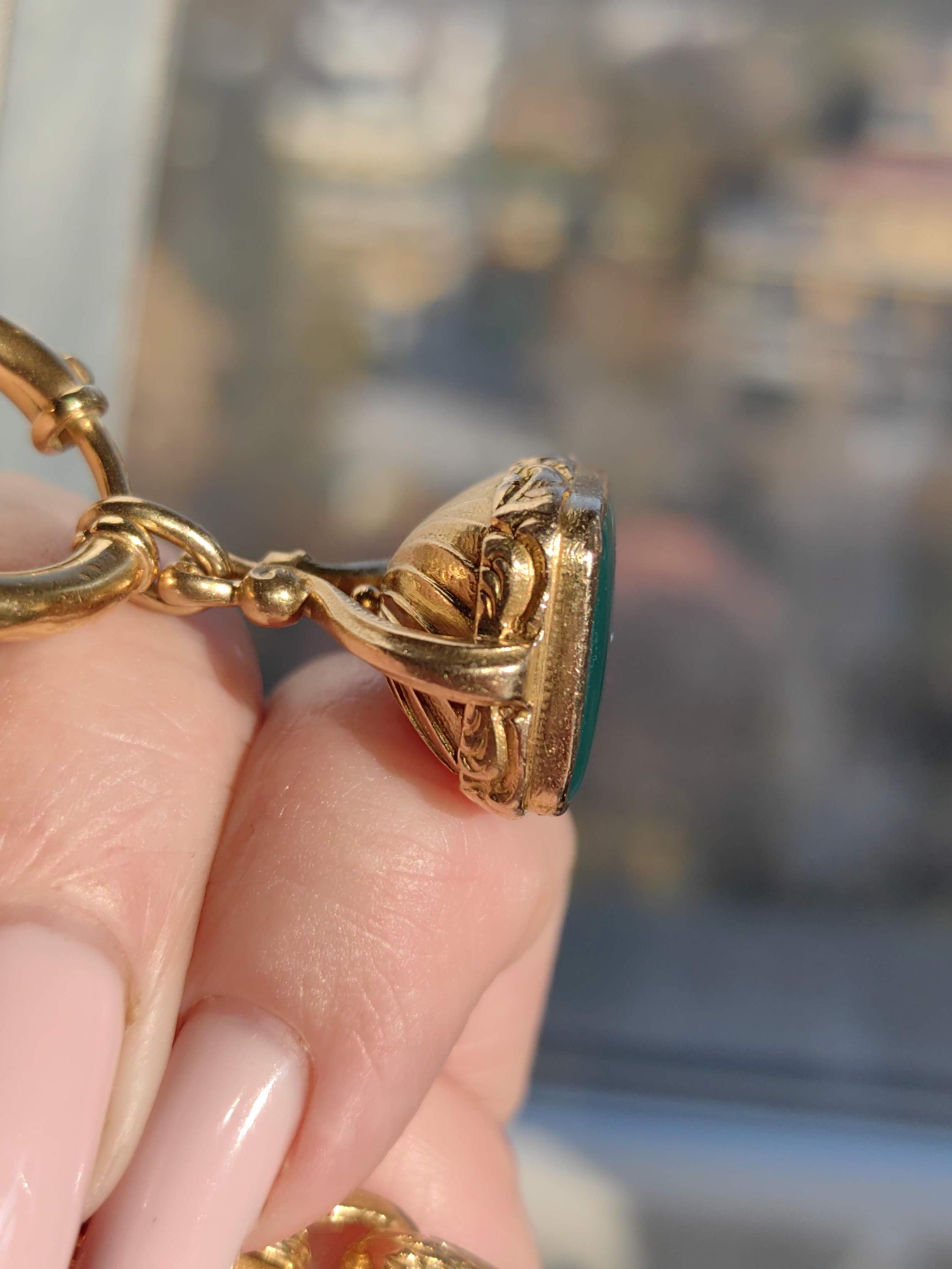 Victorian 14k Gold Chrysophrase Watch Fob Pendant: Hand-Chiseled 1880s Statement Piece
