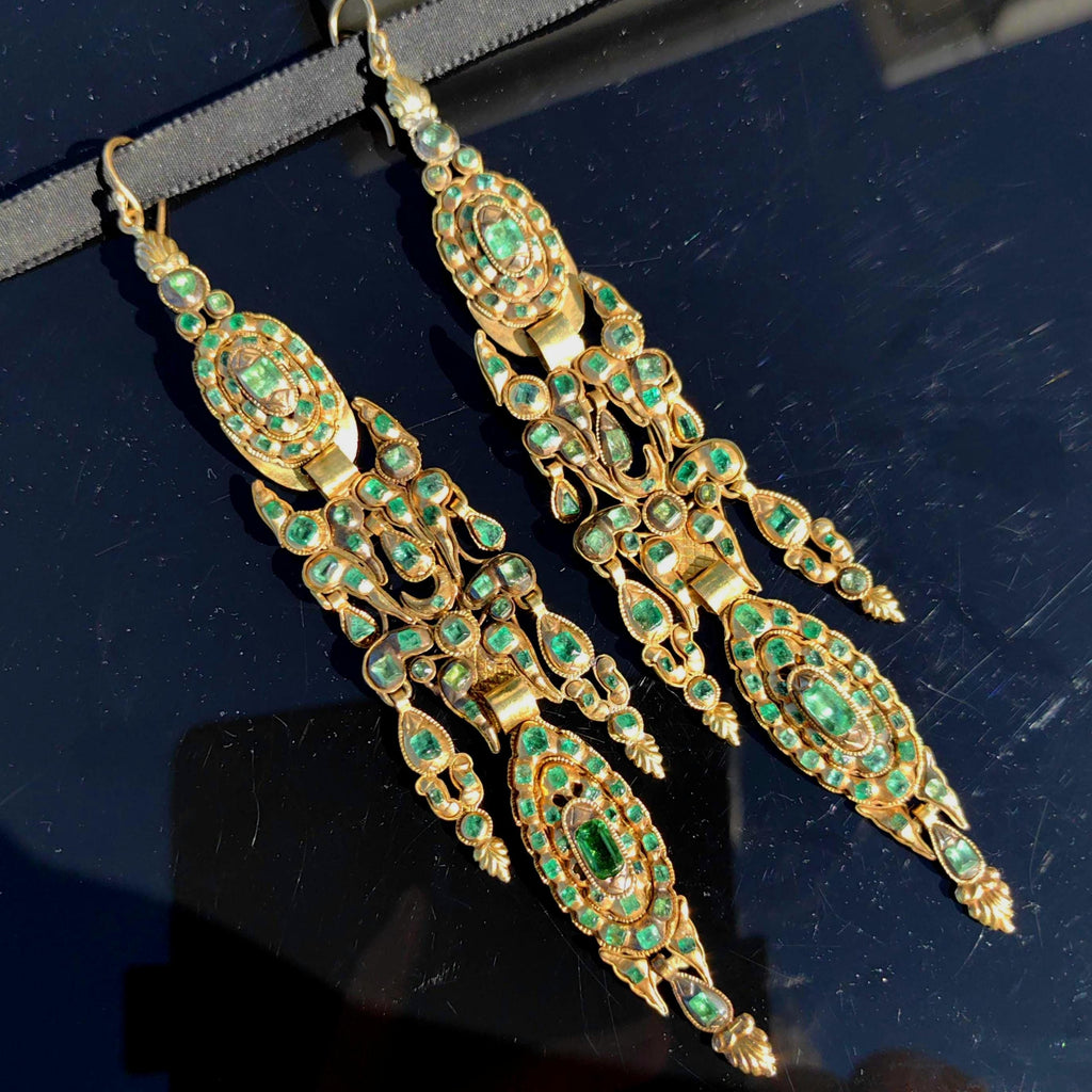 Antique Rococo Emerald Earrings: 18k Gold Baroque Dangle Earrings