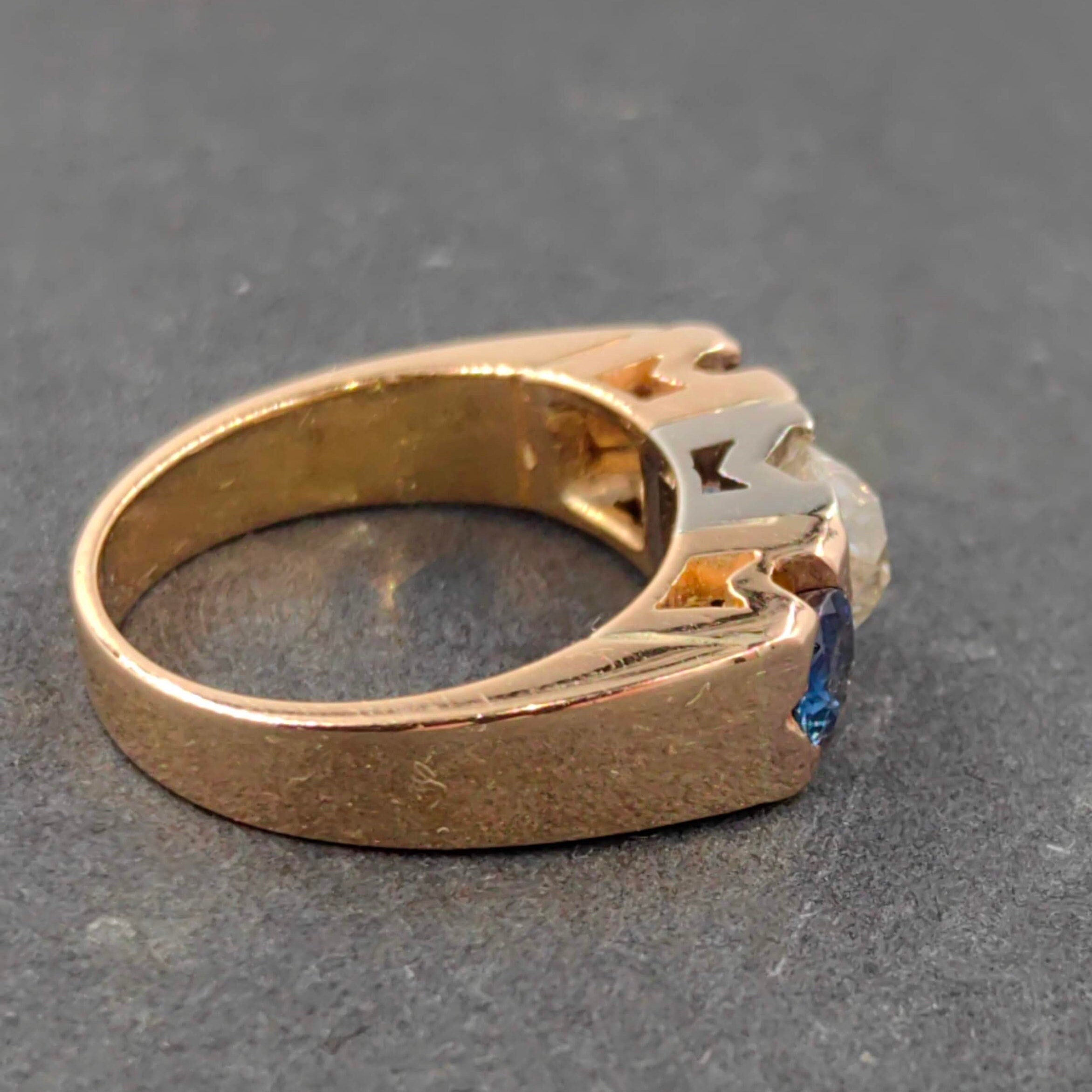 Art Deco 14k Gold Ring: .85ct Old European Cut Diamond & Sapphire