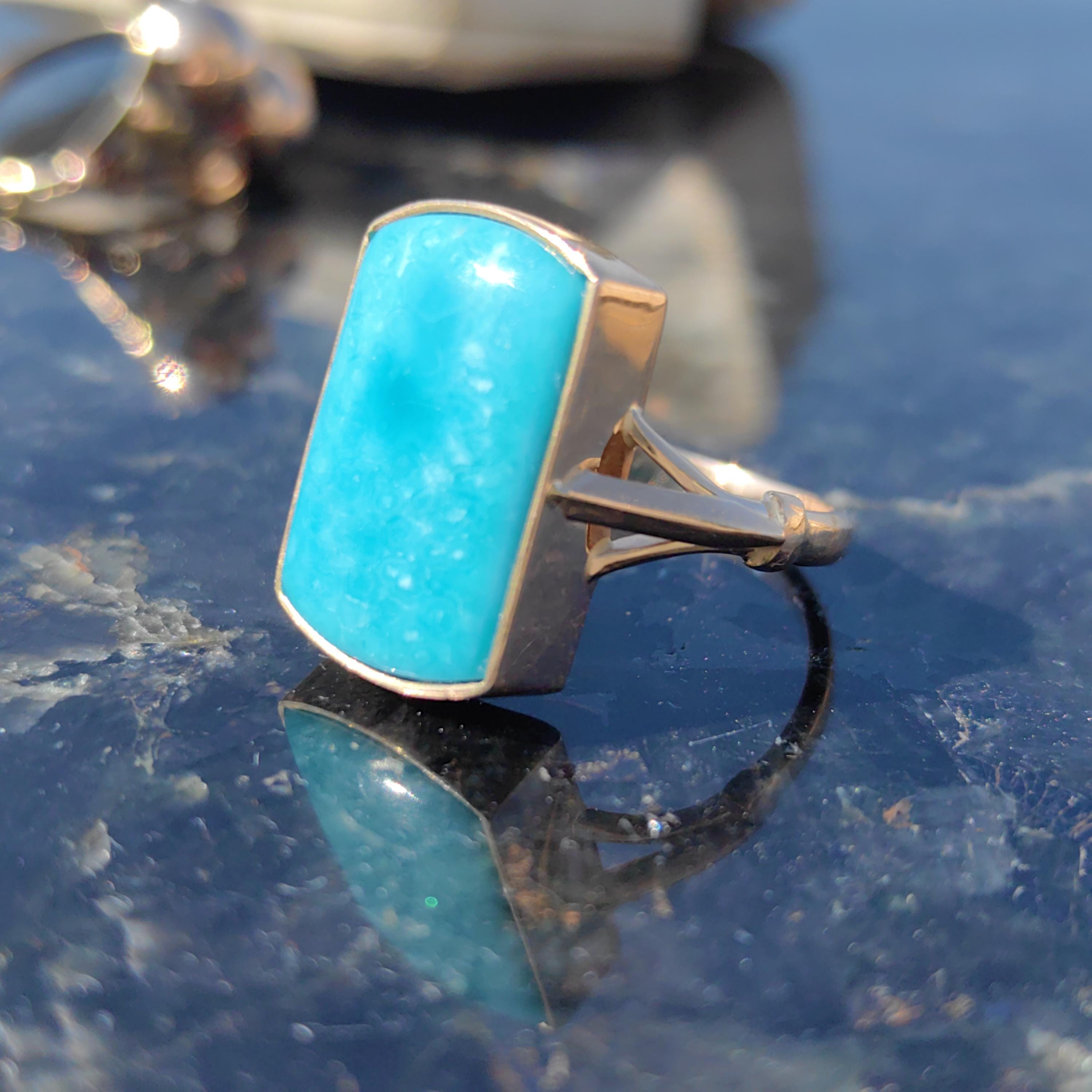 Vintage 14k Solid Yellow Gold Blue Turquoise Square Ring Antique Art Deco 1920s Gift for Her Elegant Present