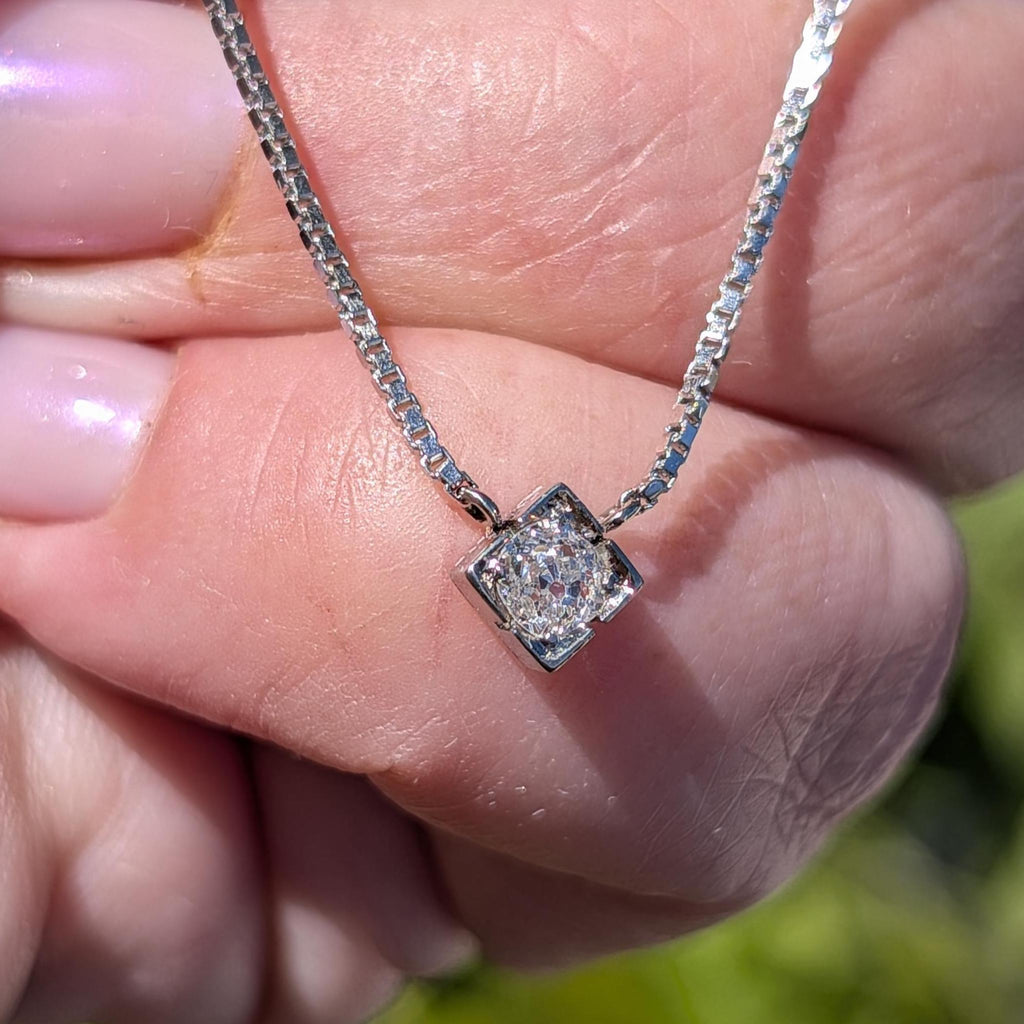 Vintage 14k and 18k White Gold Diamond Pendant Necklace, 1950s Solitaire Old European Cut Pendant, Dainty Elegant Classic Gift for Her