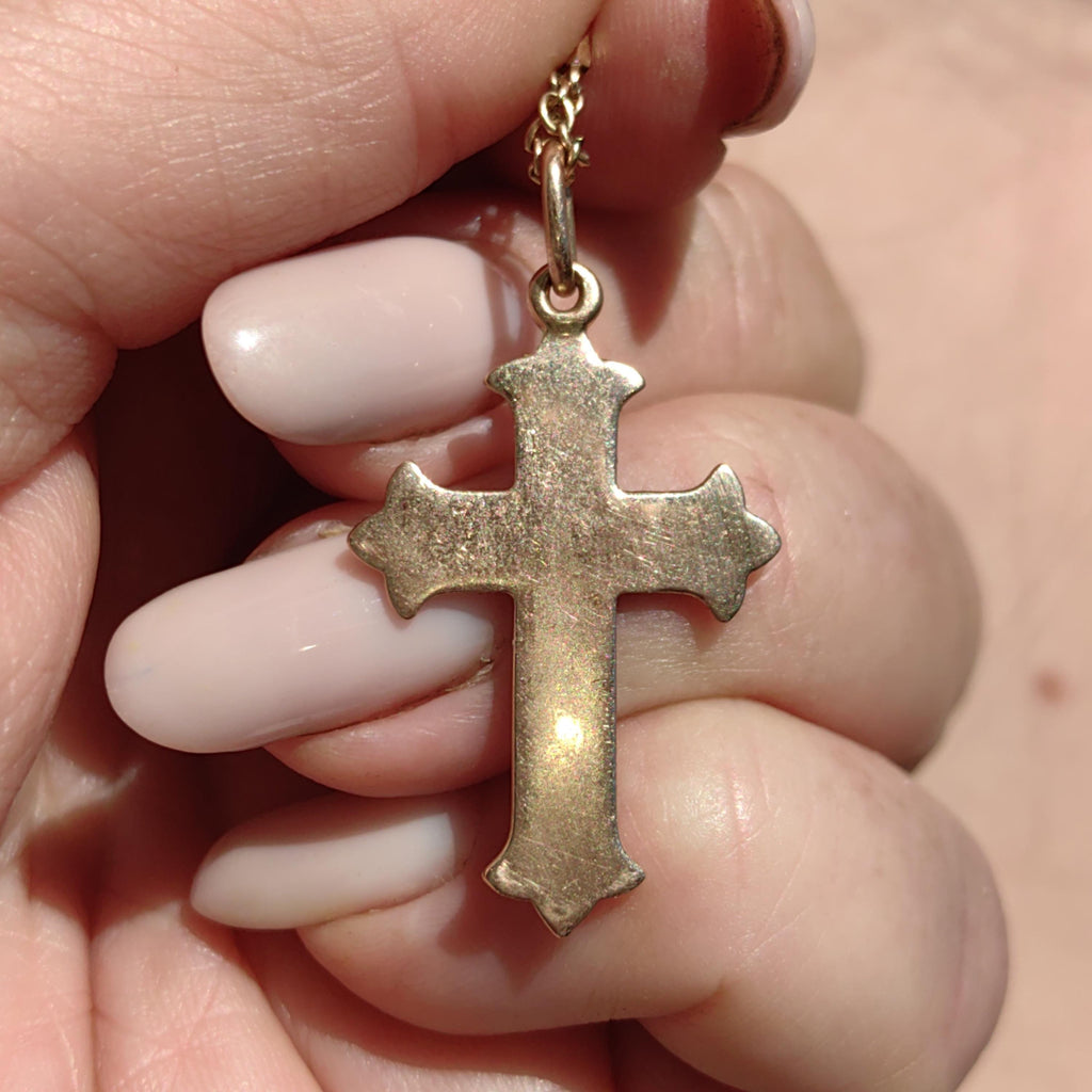 14k Yellow Rose Champagne Solid Gold Latin Cross  Catholic Pendant Blue Purple Enamel Christian Jewelry Gift Present