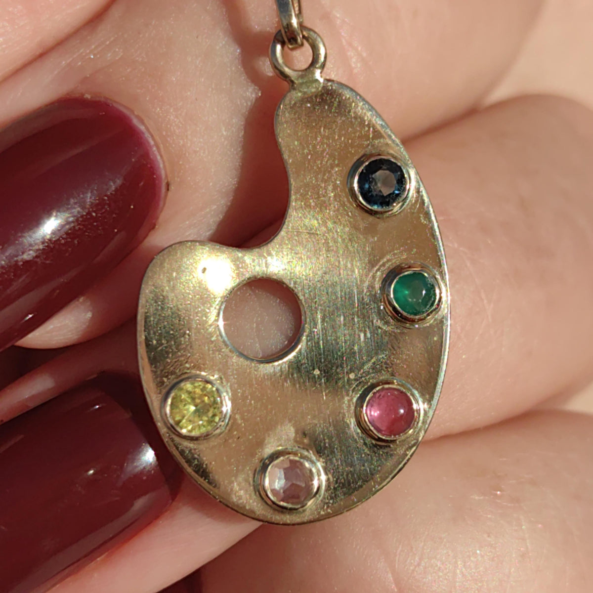 Vintage Solid Hallmarked Gold Paint Colourful Emerald Sapphire Ruby Citrine Diamond Multi Stone Pendant Art Painter Artist Creative Charm