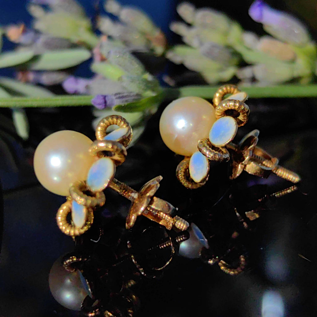 Victorian 18k Gold Pearl Earrings: Enamel Flower Studs