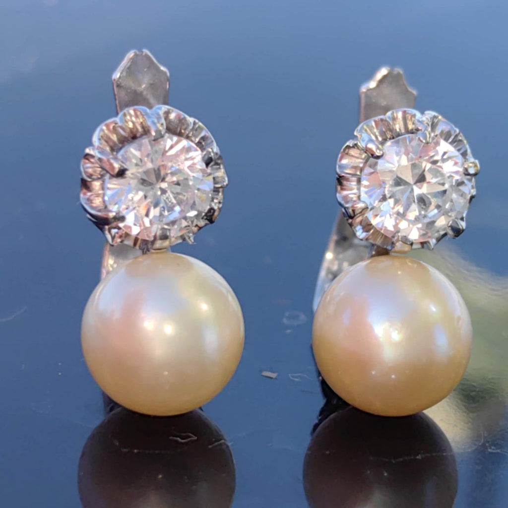 Art Deco Pearl Earrings: White Sapphire 18k White Gold, Handmade 1930s Style
