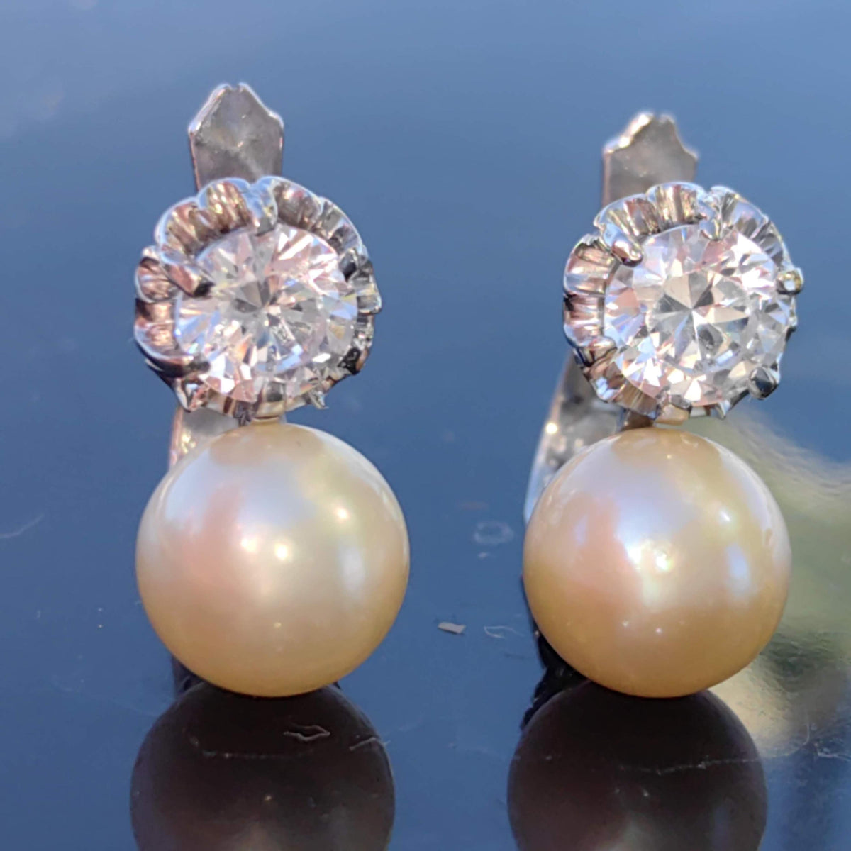 Art Deco Pearl Earrings: White Sapphire 18k White Gold, Handmade 1930s Style