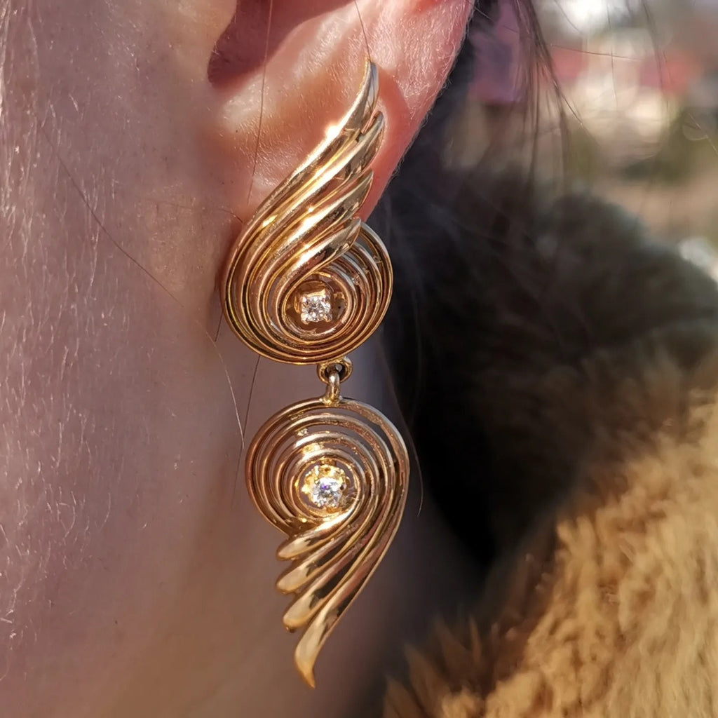 Late Art Deco 1940s 18k Solid Yellow Rose Champagne Gold Diamond Vintage Antique Retro Earrings Asymmetrical Geometric Earrings Gift