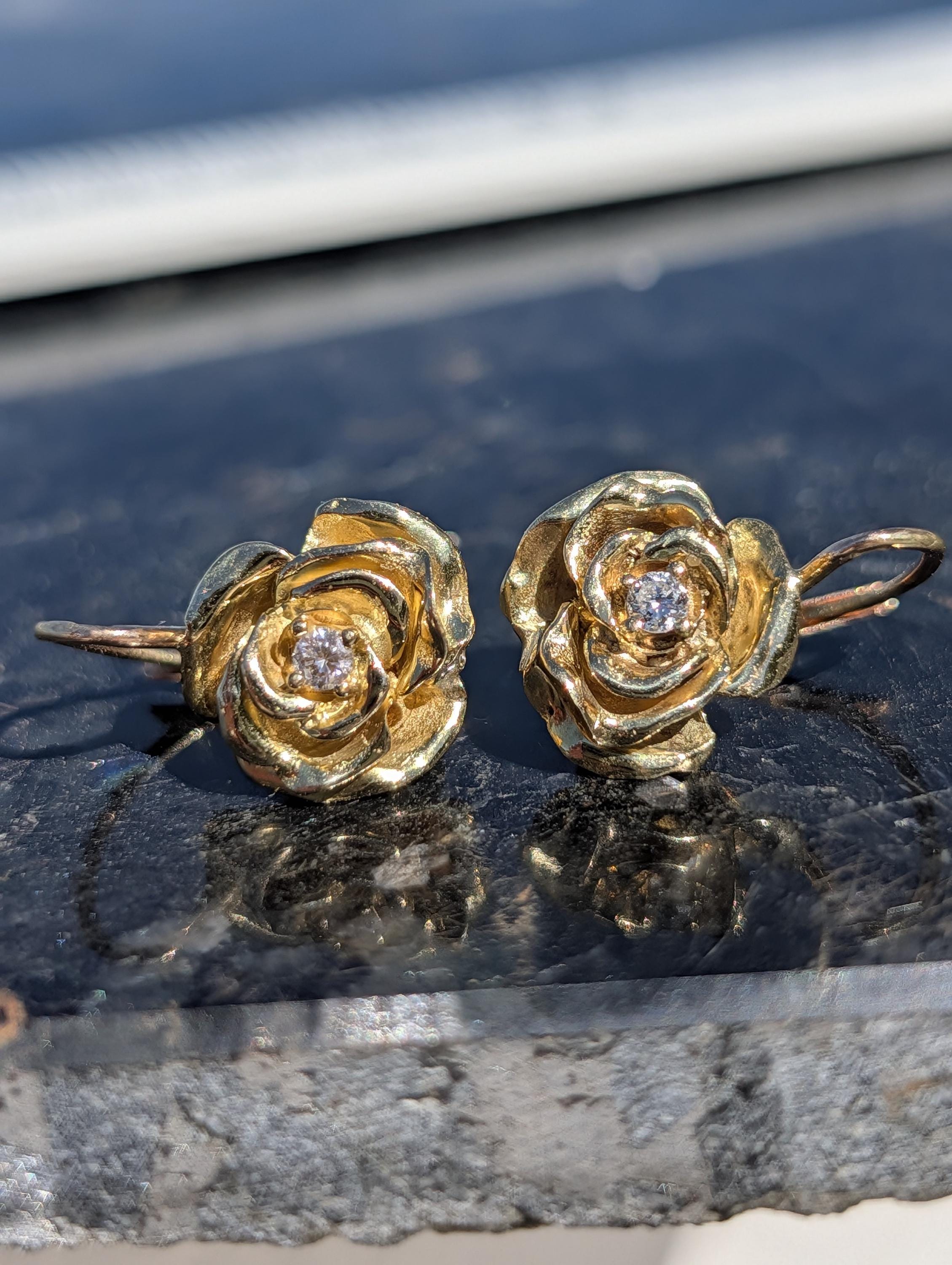 Vintage 18k Yellow Gold Rose Flower Diamond Sleeper Earrings, Handmade Petal by Petal Romantic Feminine Floral Earrings Gift for Her