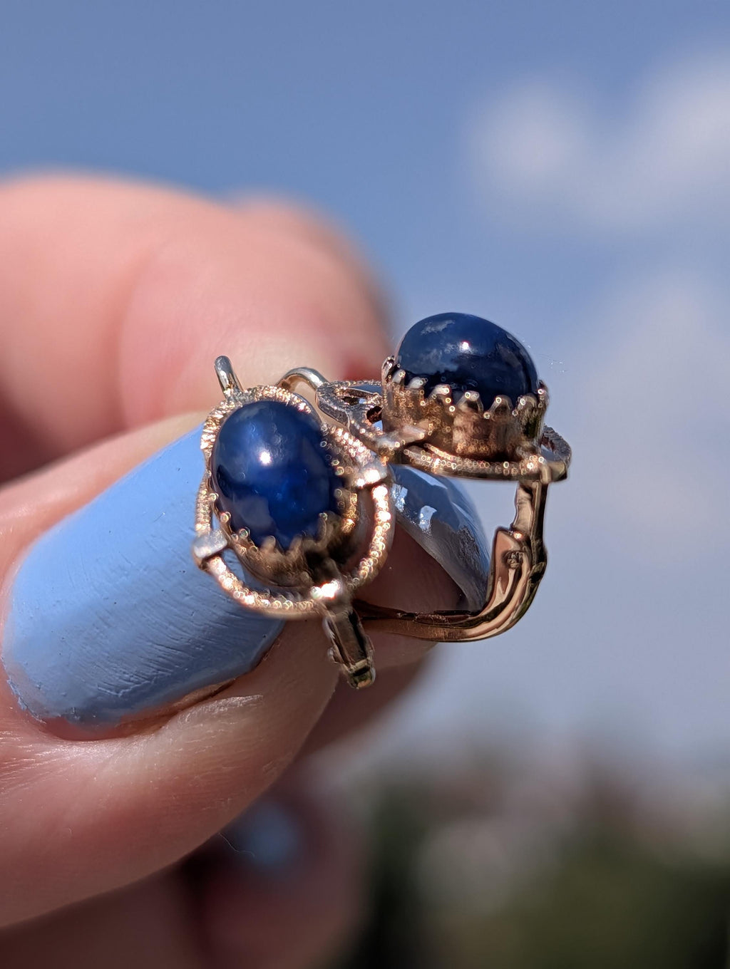 1940s Late Art Deco Natural Sapphire Cabochon 14k Yellow Gold Earrings, Vintage Dangle Lever Back Earrings, Gift for Her Present