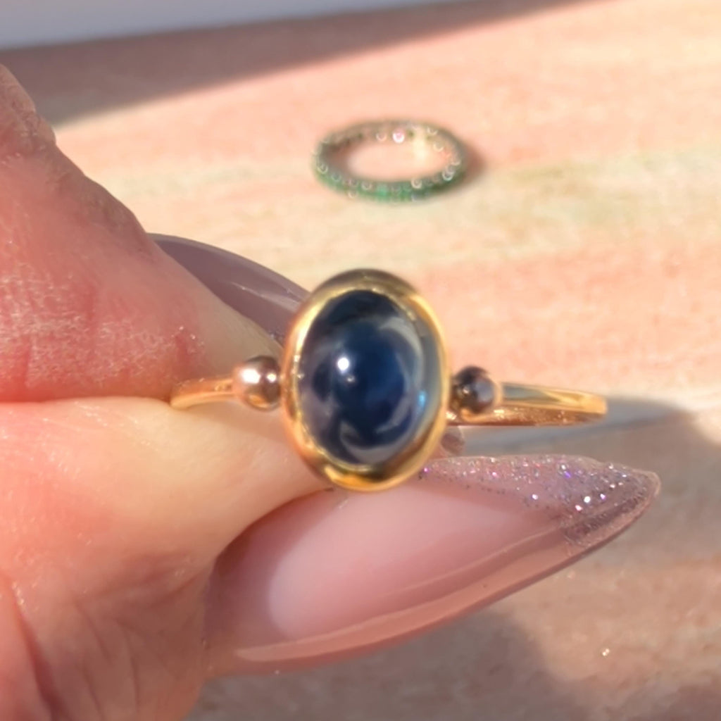 1920s Art Deco Antique Vintage Blue Natural Cabochon Sapphire Solid Yellow Gold Dainty Ring Sapphire Engagement Ring Gift for Her Present