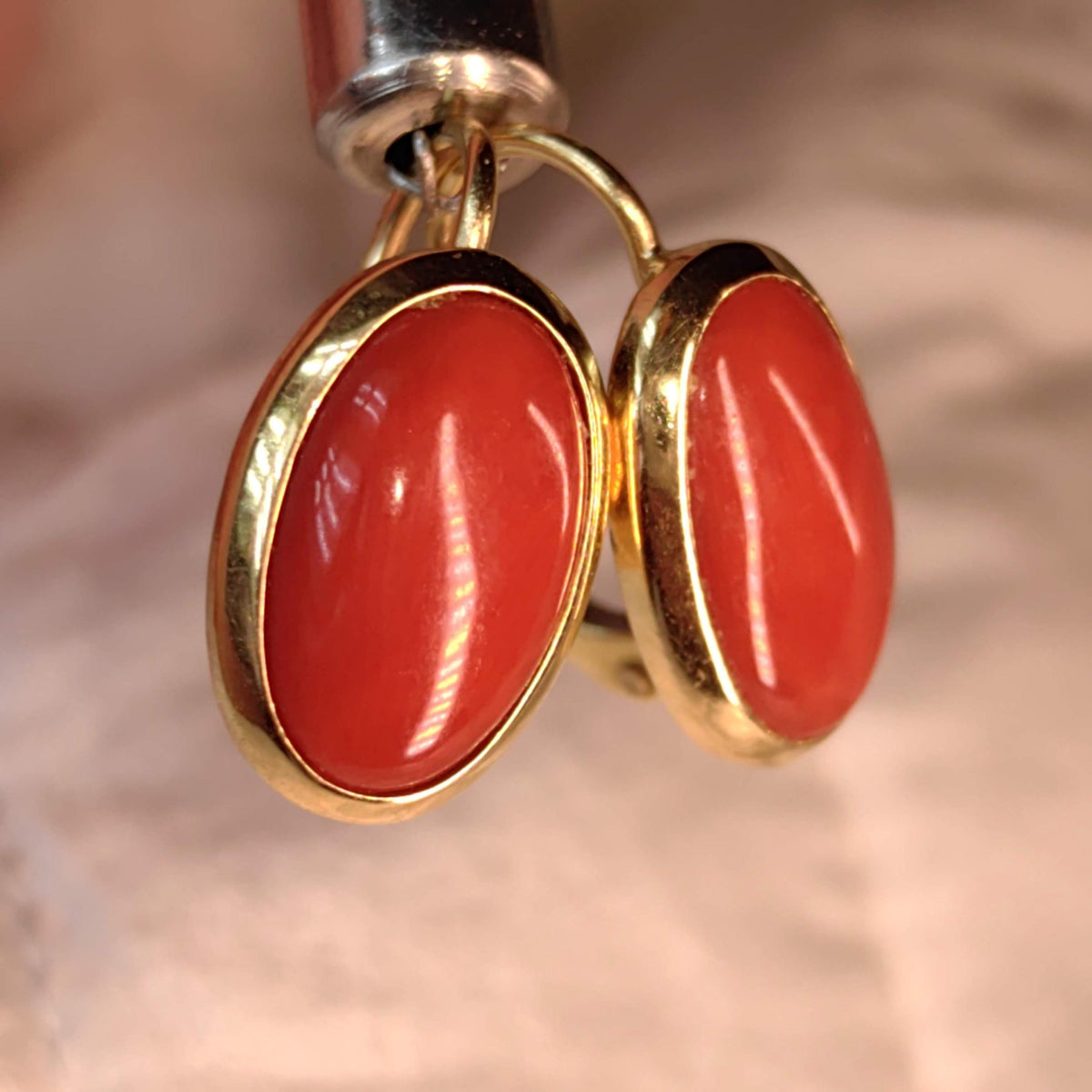 Natural Coral 18k Gold Earrings: Mid Century Vintage Dangle Dormeuse