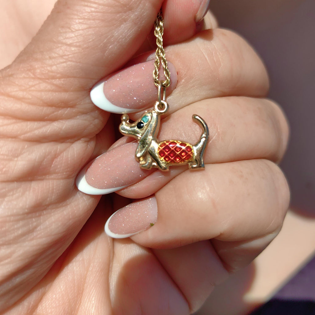 Vintage 14k Solid Yellow Gold Dachshund Dainty Elegant Pendant Hand Painted Fire Enamel Dog Bracelet Charm 1960s Style Necklace Pendant Gift