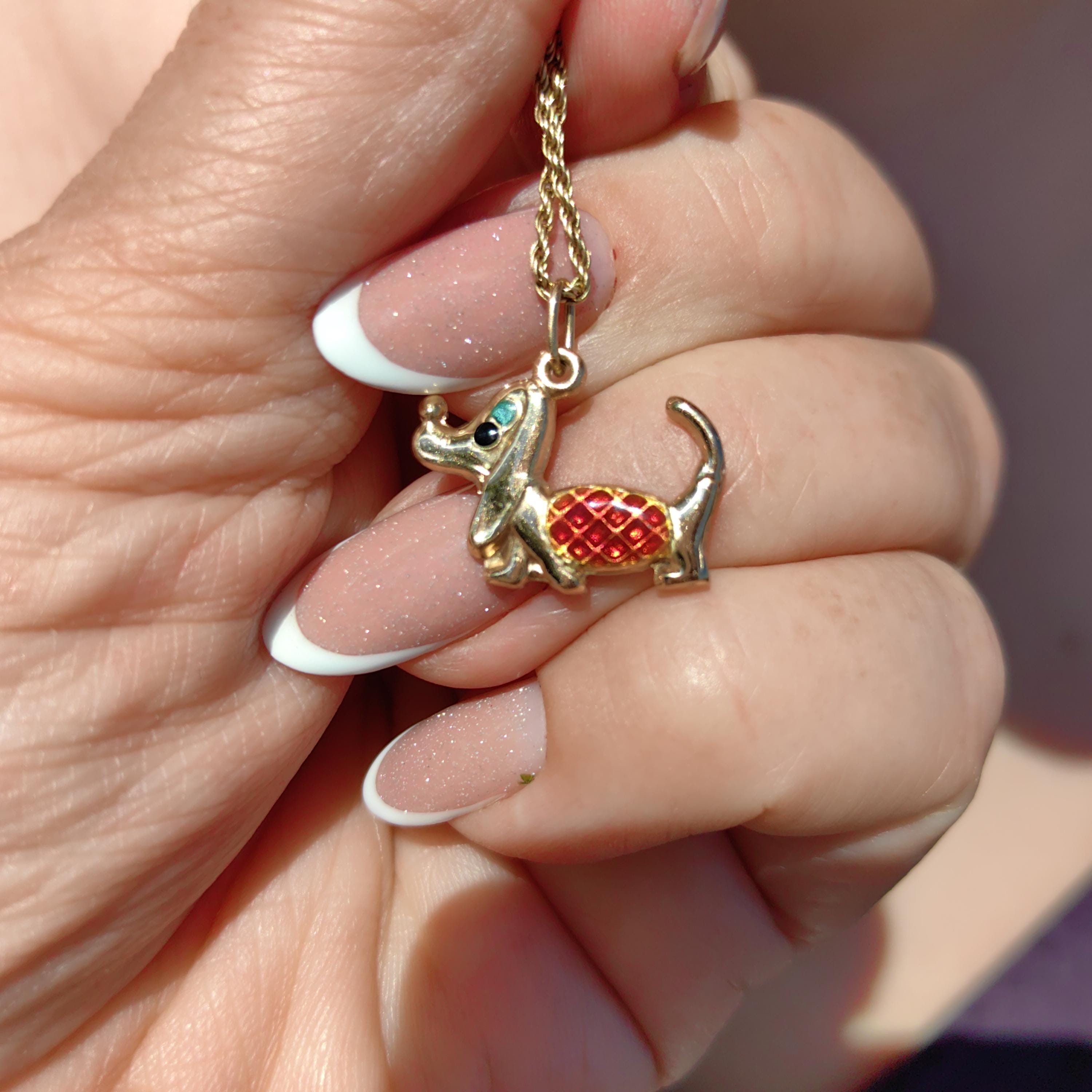 Vintage 14k Solid Yellow Gold Dachshund Dainty Elegant Pendant Hand Painted Fire Enamel Dog Bracelet Charm 1960s Style Necklace Pendant Gift