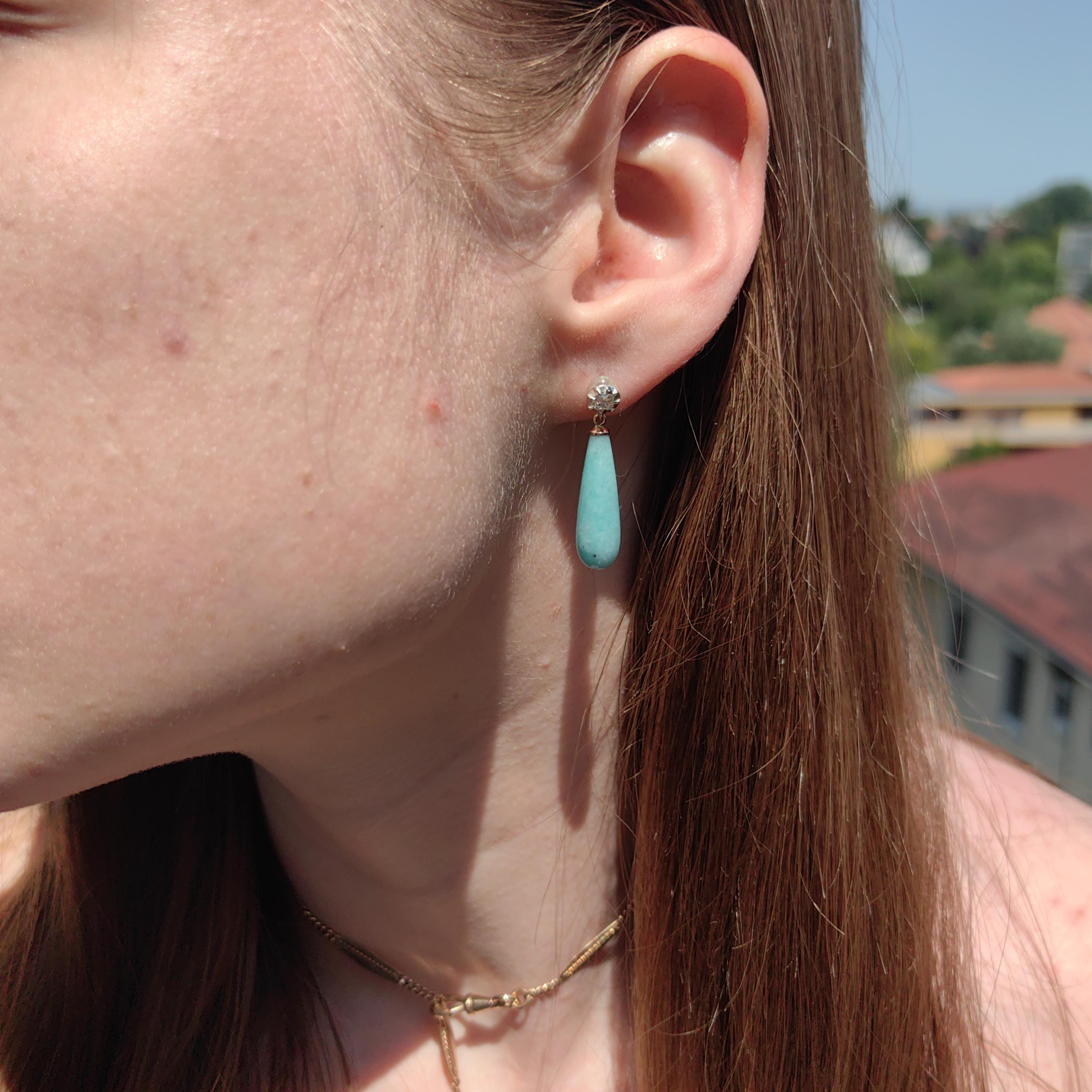 Victorian 1880s Blue Amazonite Diamond Solid 14k Gold Dangle Drop Statement Earrings Rose Cut Diamond Gift for Her Present