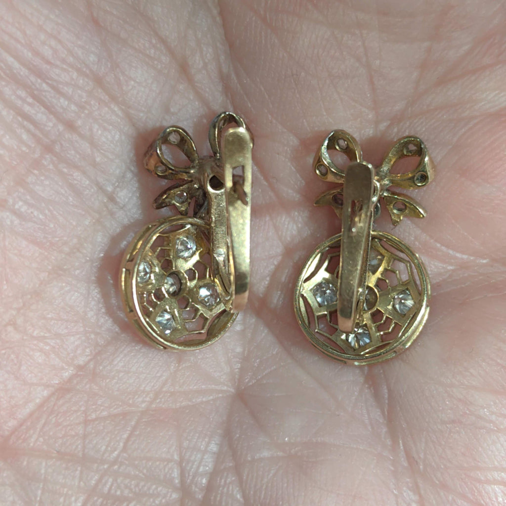 Art Deco Diamond Bow Earrings: 18k Gold Dangle Earrings, 1920s Vintage Style